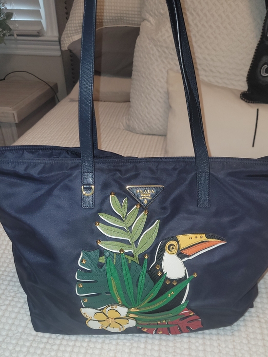 Prada Handbags - Prada Tessuto Nylon Tropical Toucan Appliqué Navy Tote Bag